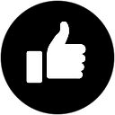 Thumbs up hand gesture in white on a black circular background.