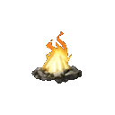 Campfire with orange and yellow flames burning on top of a circle of gray stones.