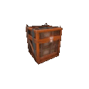 A wooden supply crate with orange metal reinforcements sitting at an angle.