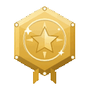 Golden hexagonal badge with a central star and ribbons hanging below.