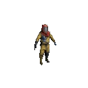 A pixelated character in a yellow hazmat suit and red helmet performing a rhythmic bouncing dance.