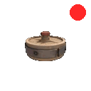 A row of circular mechanical mines with glowing red lights on top.
