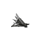 A metallic, triangular spike structure with sharp edges and a gray, reflective finish.