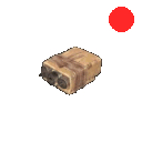 A brown pixelated satchel next to a pulsing red dot representing a bomb.