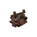 A pile of rusty gears and pipes sparkles with a magical white glow.