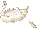 A white swan-shaped boat with pink accents and an oar floating on water.
