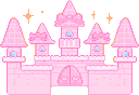 A repeating pattern of small pink pixel art castles decorated with sparkling stars.