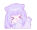 Anime girl with cat ears and purple hair happily waving her hands back and forth.