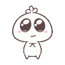 Two identical white cartoon creatures with large, shiny, expressive eyes and pink cheeks looking upward.