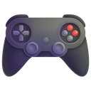 Game controller with a dark purple and black body and red buttons.