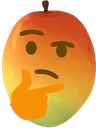 A mango with a human hand resting on its chin in a thinking pose.