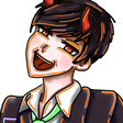 Anime boy with small horns and dark hair wearing a wide, smug, mischievous grin.