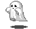 A small white pixelated ghost with a sad, downturned expression floating above a dark shadow.