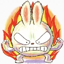 A small white rabbit with an angry expression standing inside a ring of bright orange and red flames.
