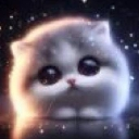 Kitten with large, shiny eyes looking up at twinkling stars in a dark space.