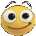 A yellow smiley face with very large, wide-open eyes and a thin, subtle smirk.