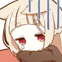 Anime girl with light hair crying with blue vertical lines representing rain over her head.