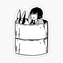 An anime character sitting inside a barrel with their hands near their face.