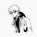 Anime boy with messy hair making a peace sign gesture with his hand.