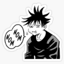 Megumi Fushiguro with spiky hair looking unbothered while eating with a speech bubble that says NOM NOM.