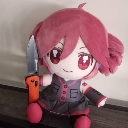 A pink-haired plush doll with a small smile holding a folding knife with an orange handle.