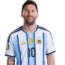 Lionel Messi wearing an Argentina soccer jersey looking directly at the camera.