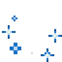Blue pixel art stars and sparkles scattered across a white background.