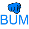 A blue hand pointing forward with the word BUM written in blue capital letters below it.