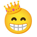 A yellow smiley face with a wide, toothy grin wearing a gold crown with pink accents.