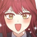 Anime girl with red hair and sparkling eyes smiling broadly with a joyful expression.