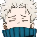 Anime boy with spiky hair and a blue sweater pulling his collar up over his mouth with his eyes closed in exhaustion.