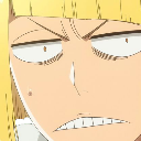 Anime character with blonde hair looking skeptical with narrowed eyes and gritted teeth.