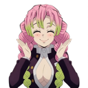 Mitsuri Kanroji smiling with closed eyes and hands raised near her face in excitement.