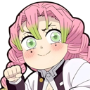 Mitsuri Kanroji with pink and green hair makes a fist pump gesture with a wide, mischievous grin.