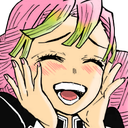Mitsuri Kanroji with pink and green hair smiling widely with hands on her cheeks and flushed face.