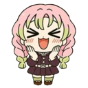 Chibi anime girl with pink hair and a dark uniform smiling widely with her eyes closed in excitement.