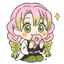 Mitsuri Kanroji with pink and green hair eating a pink frosted donut.