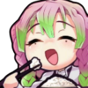 Chibi anime girl with pink and green hair happily eating from a bowl with chopsticks.