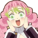 Mitsuri Kanroji with wide eyes and a big open-mouthed smile, holding her hands against her cheeks in excitement.