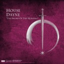 Sword and crescent moon heraldic crest on a purple textured background.