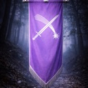A purple banner hanging in a dark forest featuring a white icon of a crossed sword and mace.