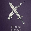 A sword crossed with a falling star on a dark purple background.