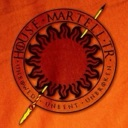 Sun and spear emblem in shades of orange and red.
