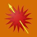 A red starburst shape being pierced diagonally by a golden spear on an orange background.