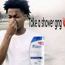 A man pinching his nose while holding a bottle of shampoo with text that reads take a shower gng.