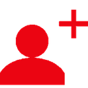 User silhouette icon with a red plus sign next to it on a black background.
