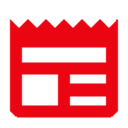 Red newspaper icon with black text lines on a black background.