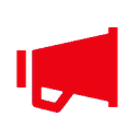Megaphone icon in bright red color on a black background.