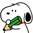 Snoopy the white dog holding a green pencil and looking ready to write.