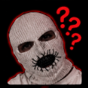A person wearing a textured white balaclava with a black stitched mouth looking confused with red question marks floating ne…